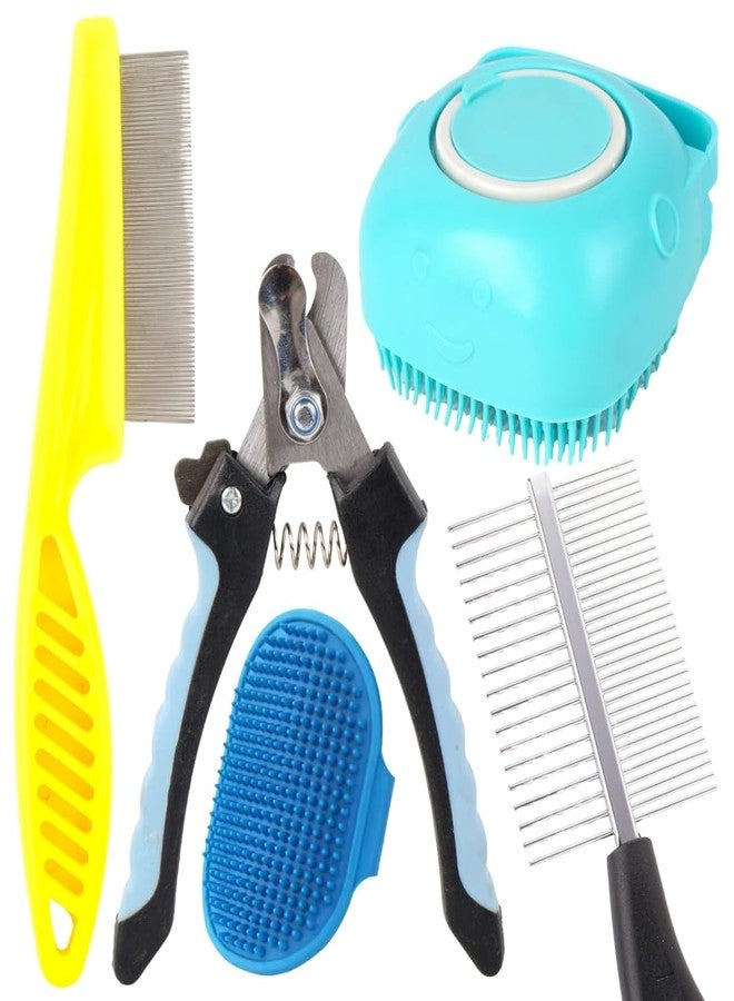 مجموعة أدوات العناية بالحيوانات الأليفة مع مقص أظافر احترافي، وفرشاة، ومجموعة مشط، باللونين الأزرق والأصفر (عبوة من 5 قطع) - Image 1